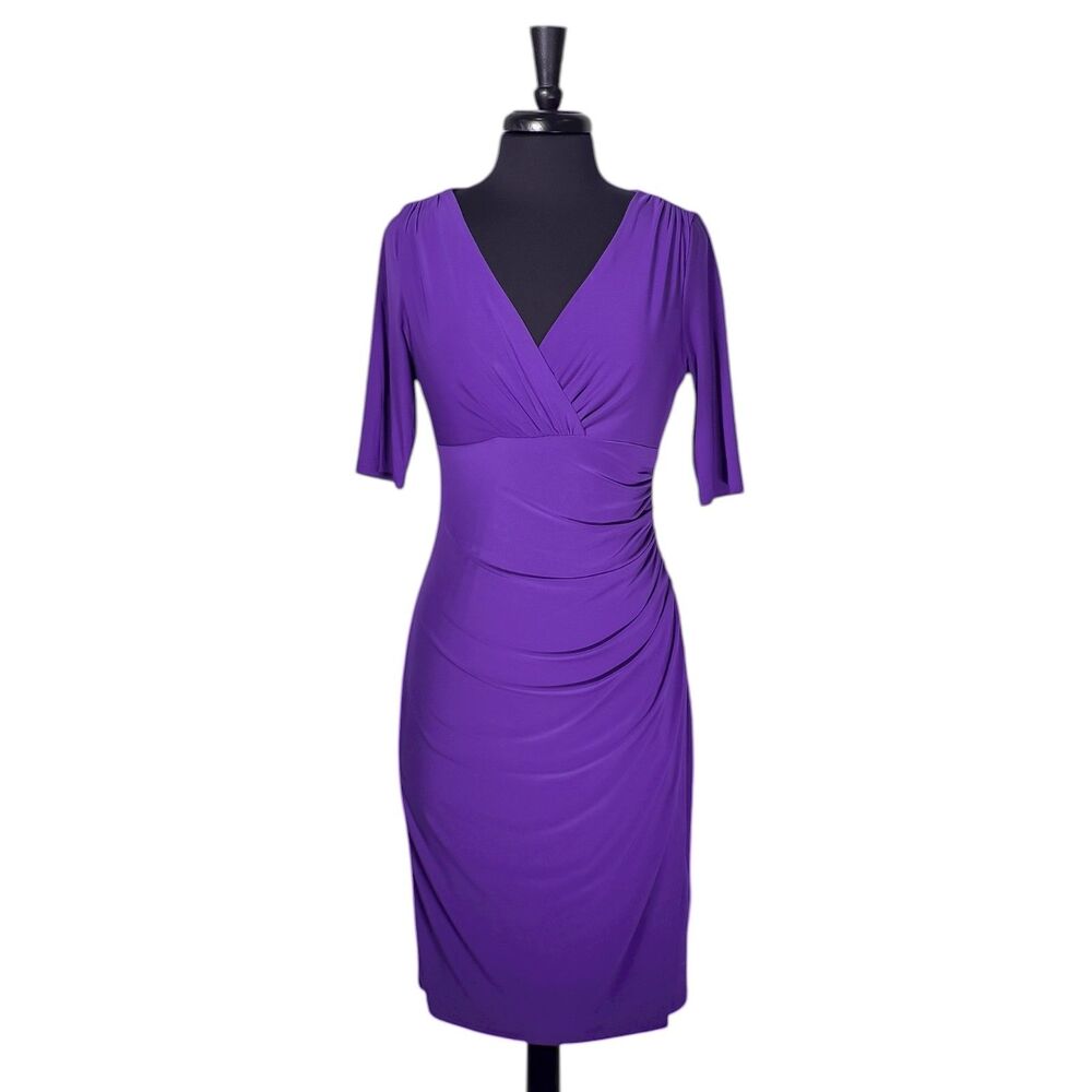 Ralph Lauren Womens Dress 6 Purple V-Neck Stretch Faux Wrap Elegant Sheath Midi